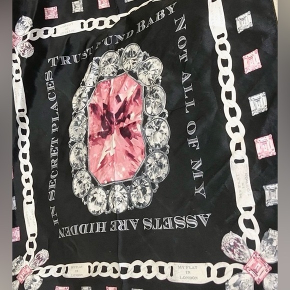 💖💎”TRUST FUND BABY”💎💖
PINK/BLACK GEMMED PRINT 100% SILK SCARF W/GEMMED SCARF TIE - Picture 7 of 7